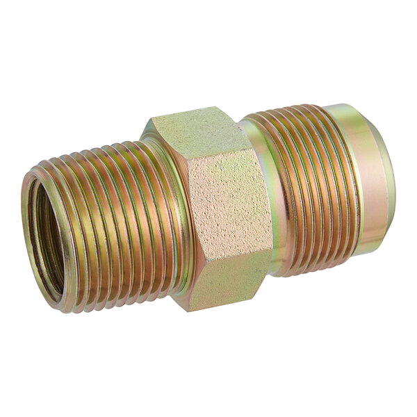 A close-up of a zinc-plated steel male NPT connector.