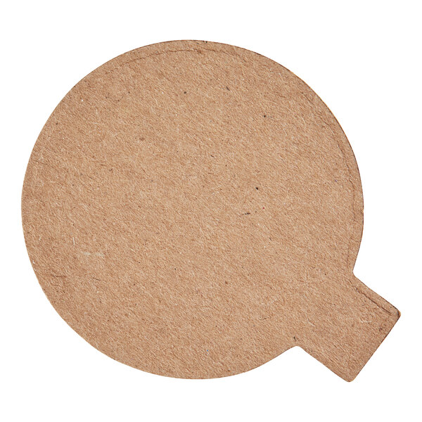A brown paper round with a tab on it.