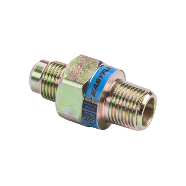 A metallic gas fitting with threaded ends and a hexagonal center section, featuring a blue label.