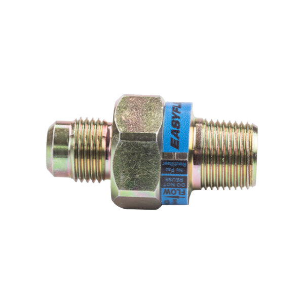 A metallic gas fitting with threaded ends and a blue label, featuring a hexagonal section for tightening.