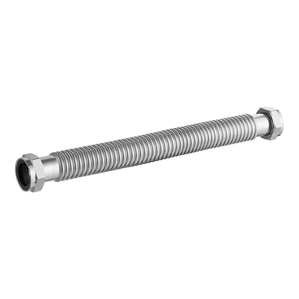 A close-up of a silver metal tube with threaded ends and a nut.
