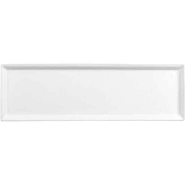 A white rectangular aluminum serving platter with a black border.