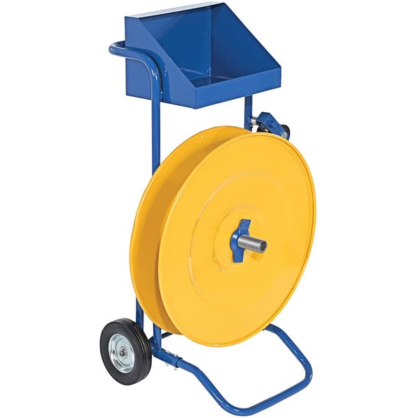 A blue and yellow steel strapping cart with wheels.