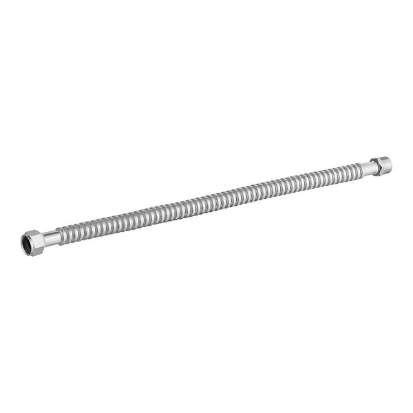 A stainless steel Easyflex water heater connector with metal nuts on the ends.