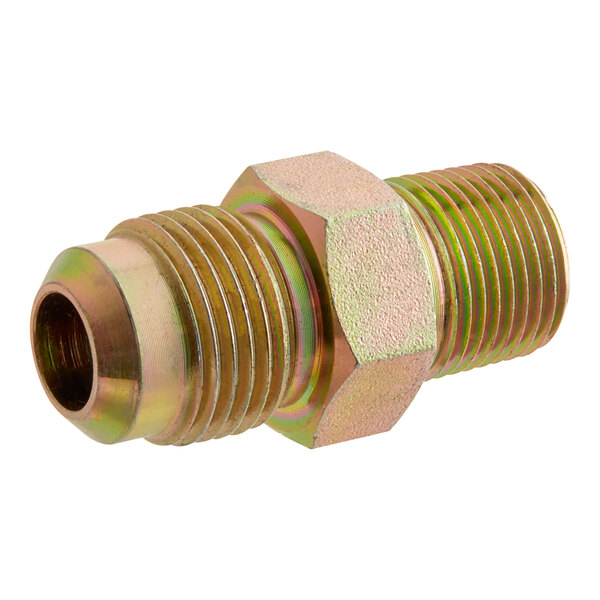 A close-up of a 3/8" male NPT connector on a zinc-plated steel gas valve.