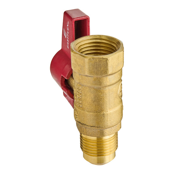A close-up of a brass Easyflex gas valve with a red handle.