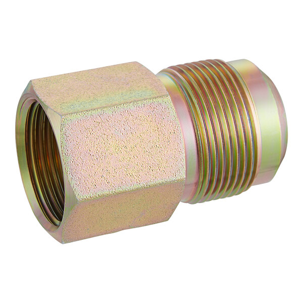 A close-up of a zinc-plated metal nut with a threaded connection.