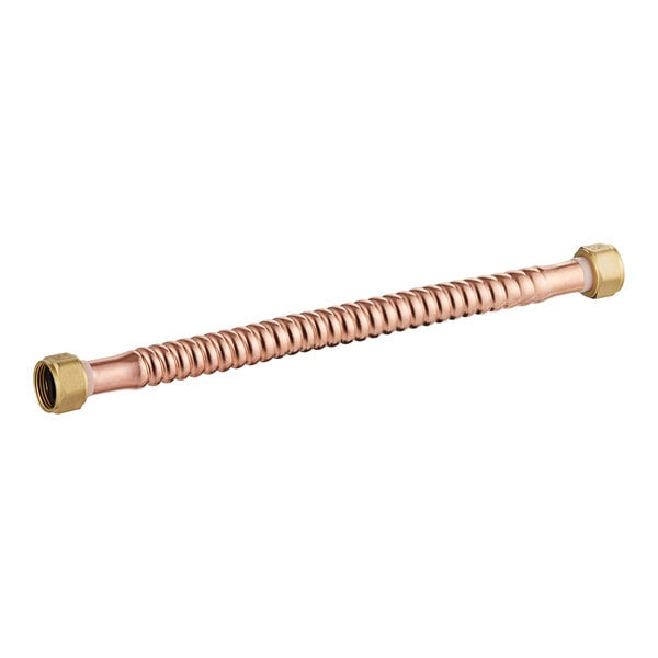 A copper tube with two brass fittings on the ends.