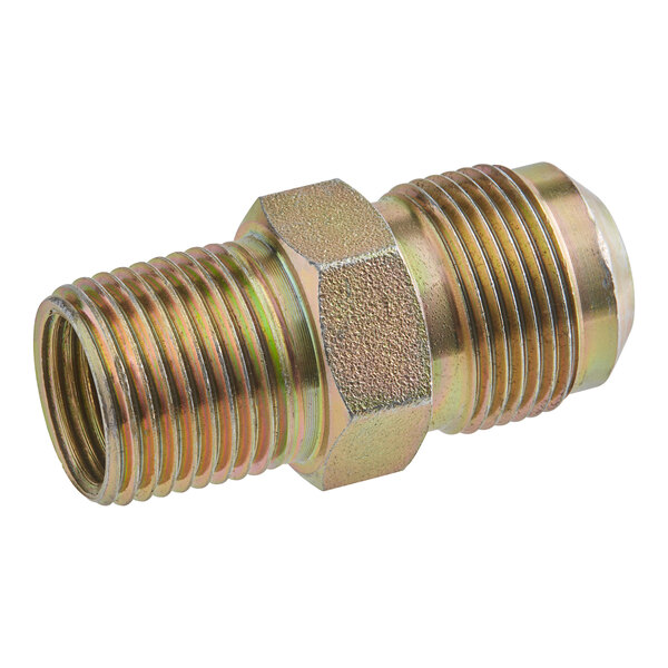 A close-up of a male threaded steel pipe fitting.