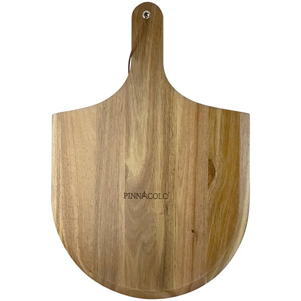 A Pinnacolo acacia wood pizza peel with a handle.