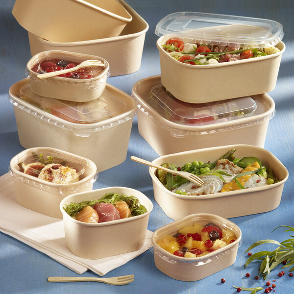 A variety of Solia bamboo fiber containers with food in them.