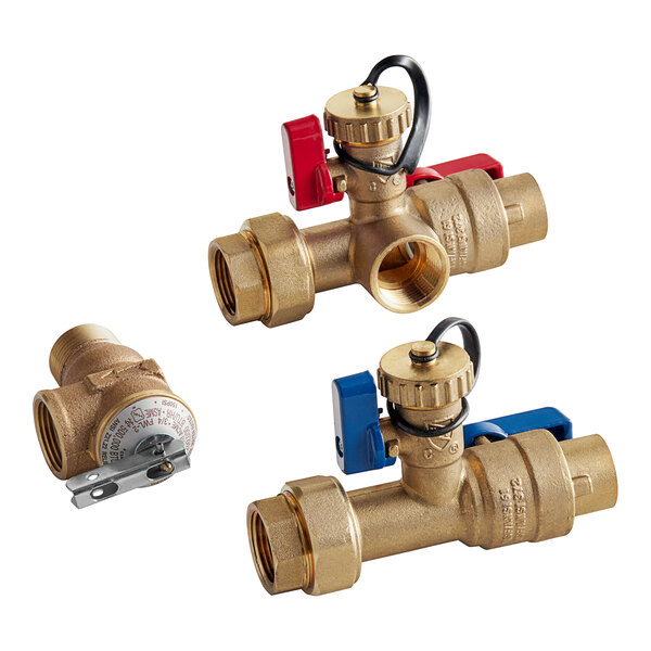 An Easyflex brass tankless water heater isolation valve kit with brass valves.