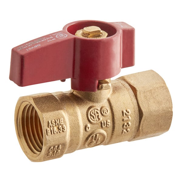 A close-up of a brass Easyflex gas valve with a red handle.