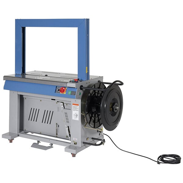 A Vestil high speed automatic strapping machine with blue handles on a white background.