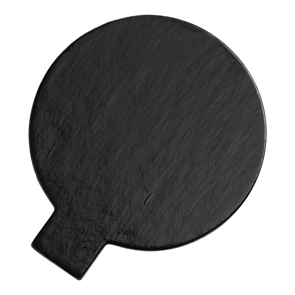A black round Enjay dessert board with a curved top.