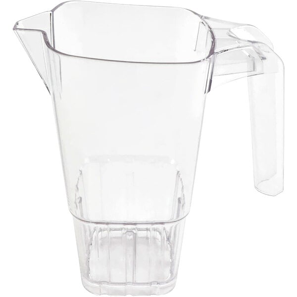 A clear plastic pitcher with a handle.