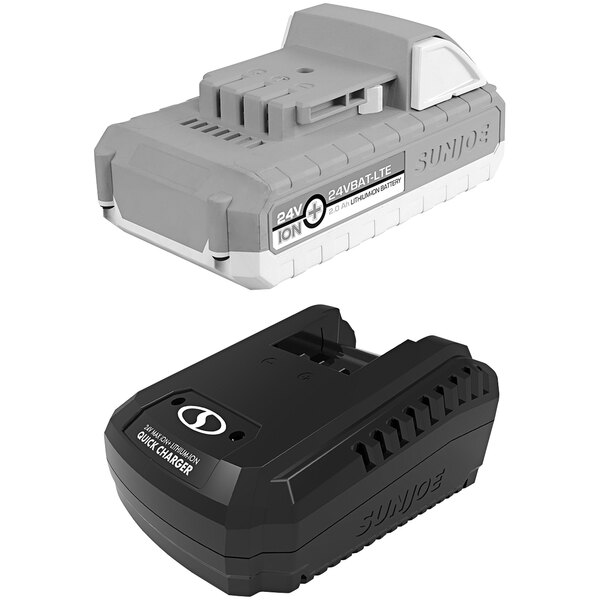 A black battery charger with white accents next to a grey and white battery.