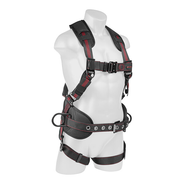 A mannequin wearing a black and red KStrong Kapture Epic full-body harness.