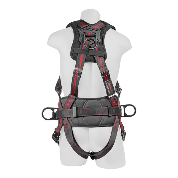 A mannequin wearing a black and red KStrong Kapture Epic full-body harness with quick connect legs.