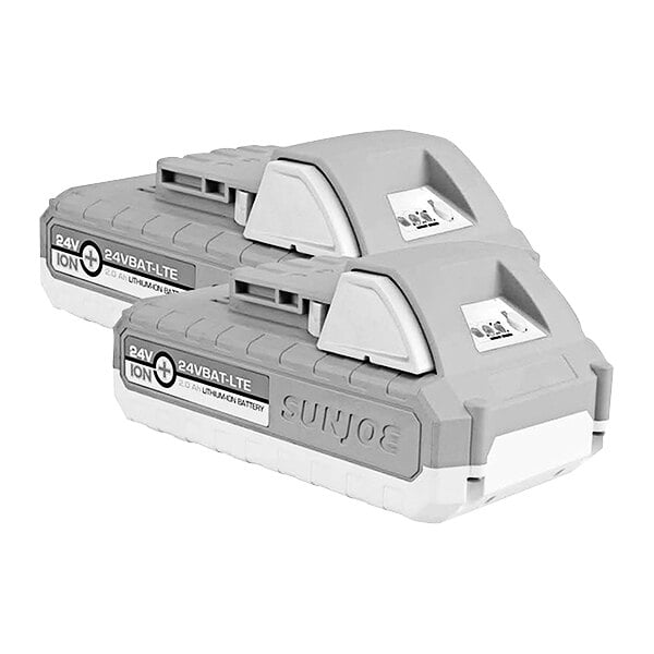 Two Sun Joe 24V batteries on a white background.