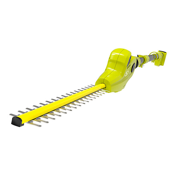 A yellow and black Sun Joe cordless pole hedge trimmer with a white background.