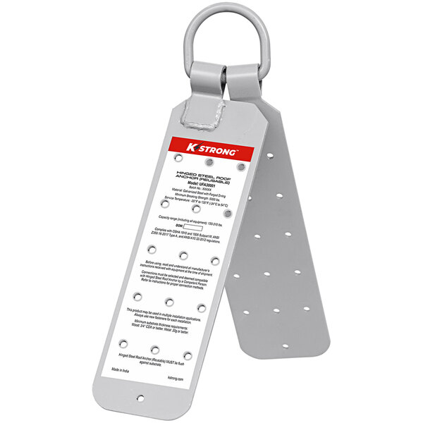 A KStrong white metal plate with a red and white metal tag.
