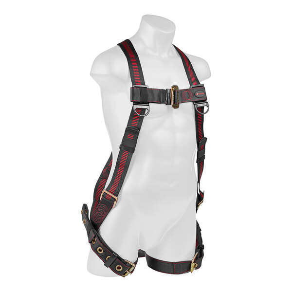 The torso of a mannequin wearing a KStrong Kapture Elite full-body harness with tongue buckle straps.