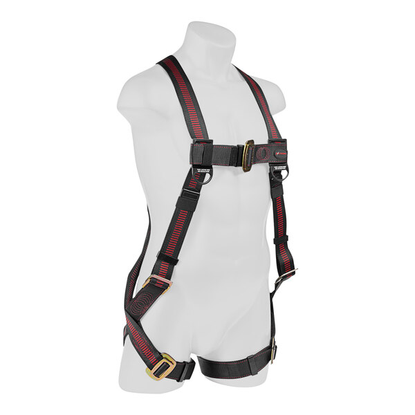 A mannequin wearing a black and red KStrong Kapture Elite full-body harness.