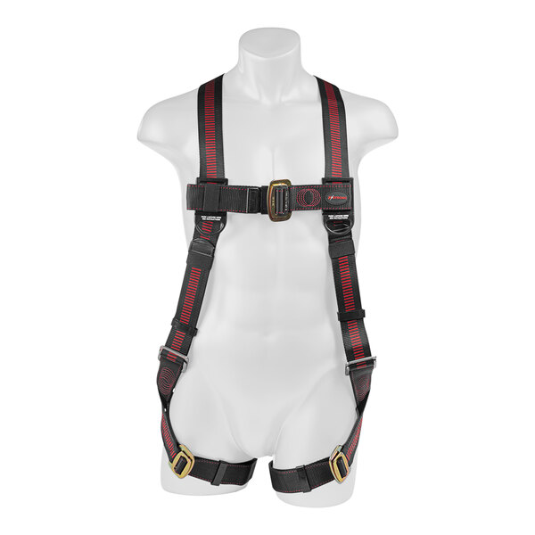 A mannequin wearing a black and red KStrong Kapture Elite full-body harness.