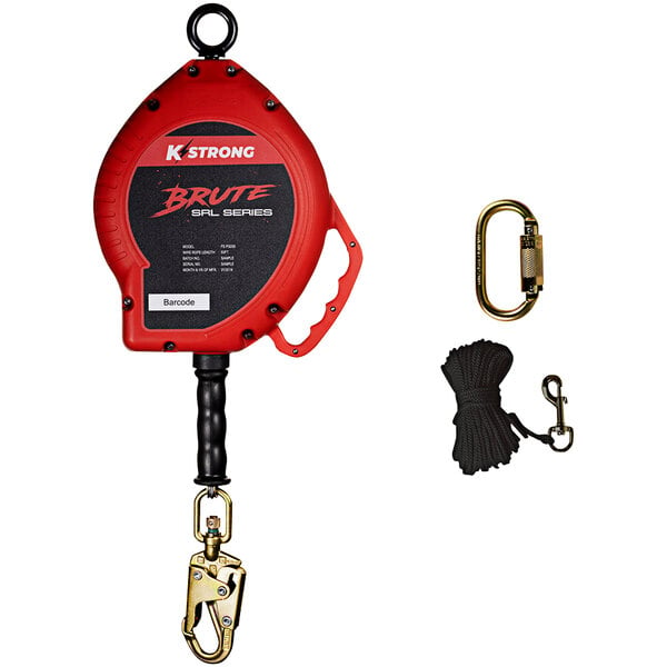 A red and black KStrong BRUTE self-retracting lifeline with a hook.