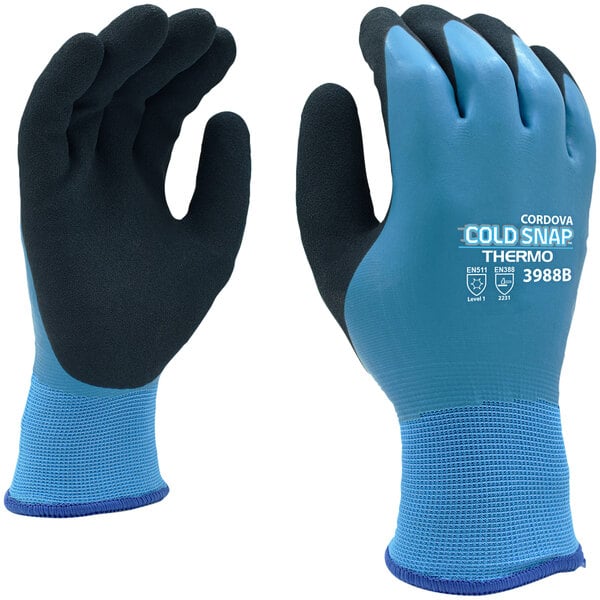 A pair of small blue and black Cordova Cold Snap thermal gloves with black latex palms.