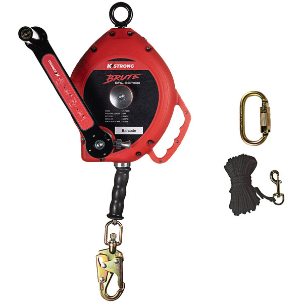A red and black KStrong BRUTE self-retracting lifeline with a hook.