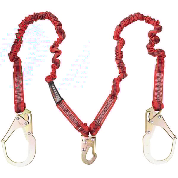 A pair of red KStrong 100% tie-off elasticated shock-absorbing lanyards with snap hooks and rebar hooks.