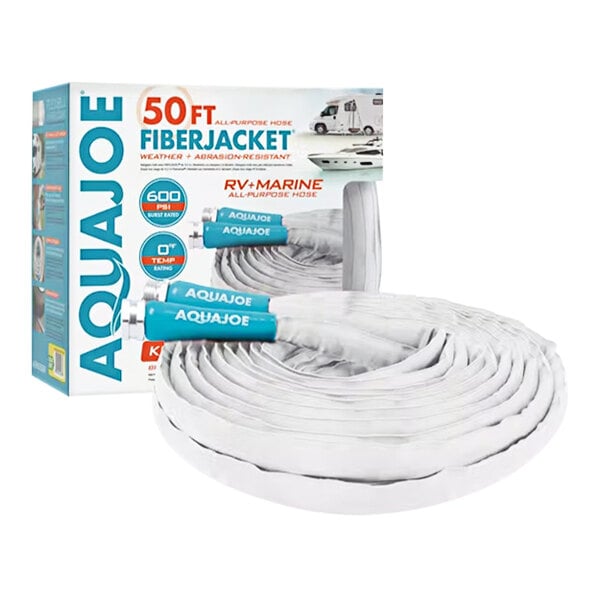 A roll of white Aqua Joe marine-grade hose.