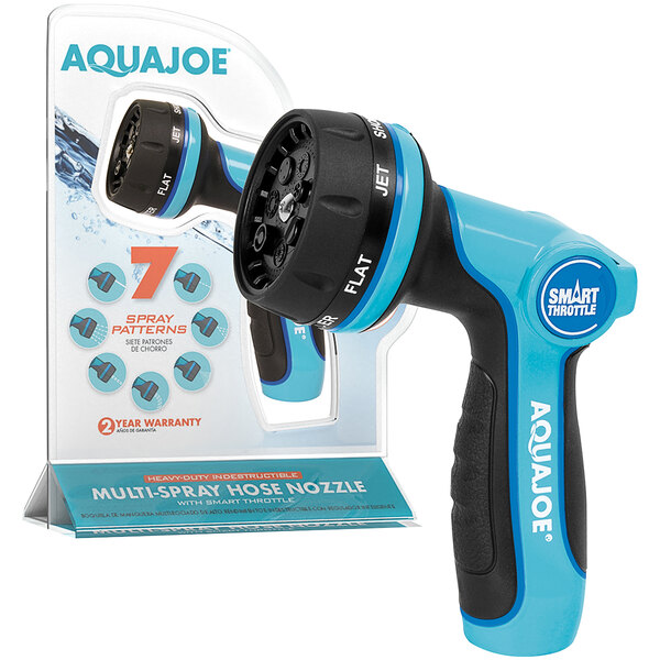 A blue and black Aqua Joe metal hose nozzle with 7 spray patterns.