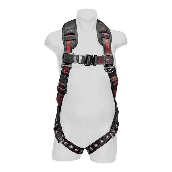 A mannequin wearing a black and red KStrong Kapture Elite+ full-body harness.