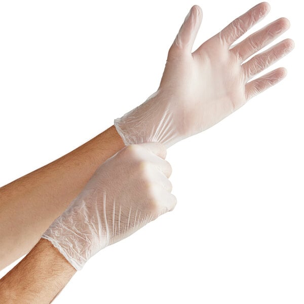 Noble Medium Powder-Free Disposable Clear 3 Mil Thick Vinyl Gloves for Foodservice - 100/Box