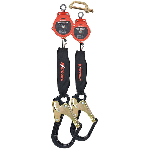A KStrong Micron Dyneema web twin-leg self-retracting lifeline with large aluminum rebar hooks.