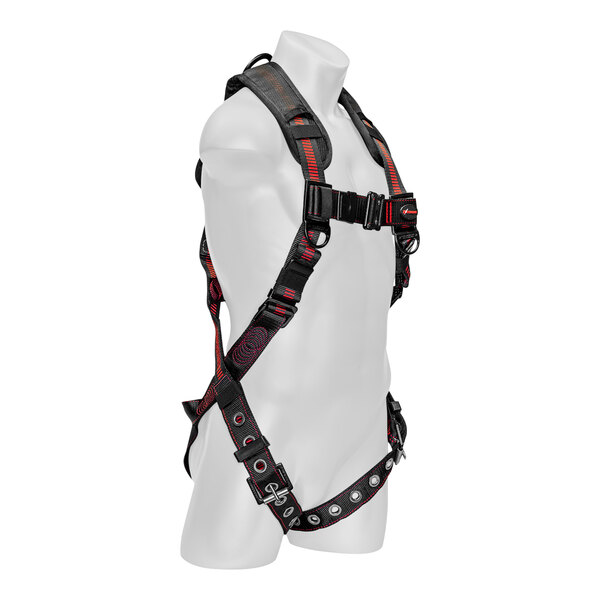 A mannequin wearing a black and red KStrong Kapture Elite+ 5-point full-body harness.