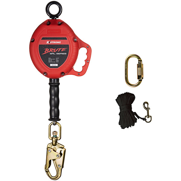 A red and black KStrong BRUTE self-retracting lifeline with hooks.