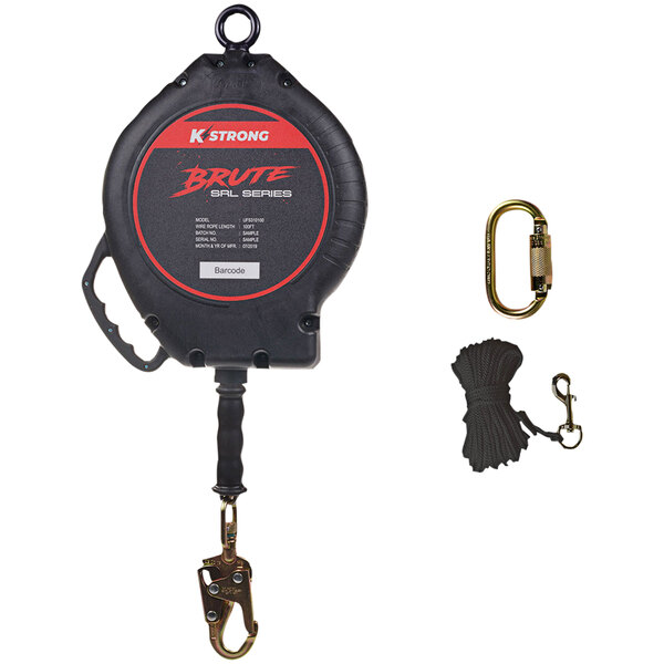 A KStrong galvanized steel self-retracting lifeline with a black and red hook and carabiner.