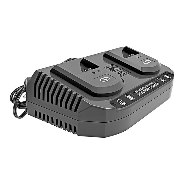 A black dual port battery charger for Sun Joe 24V lawn mower batteries.