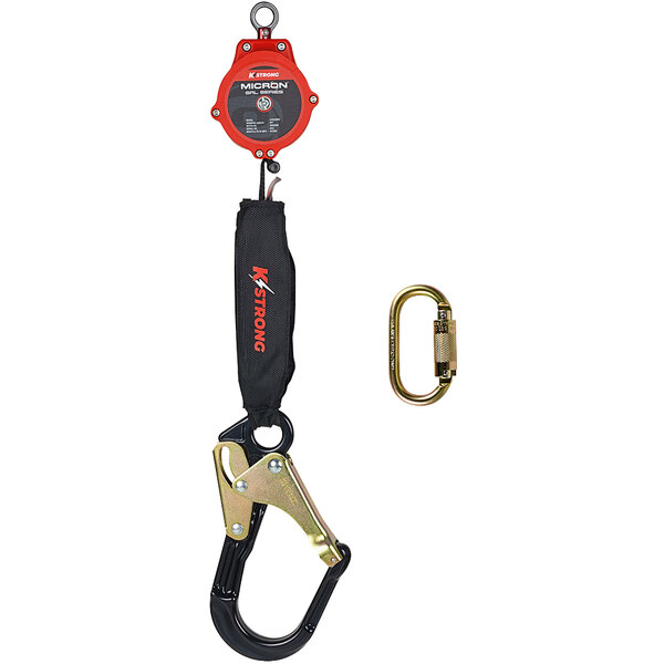 A KStrong Dyneema self-retracting lifeline with a large aluminum rebar hook.