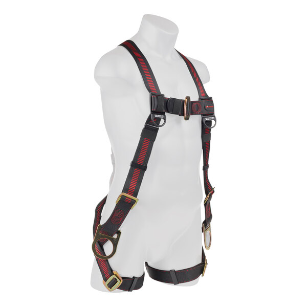 A mannequin wearing a black and red KStrong Kapture Elite full-body harness with mating buckle legs.