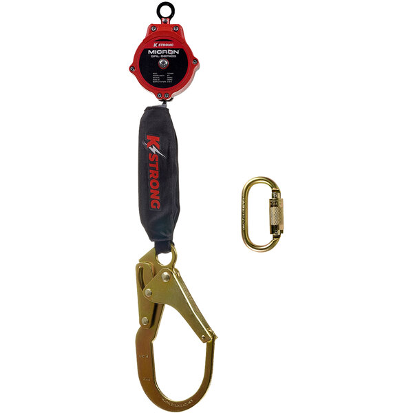 A KStrong red and black Dyneema self-retracting lifeline with a steel rebar hook.