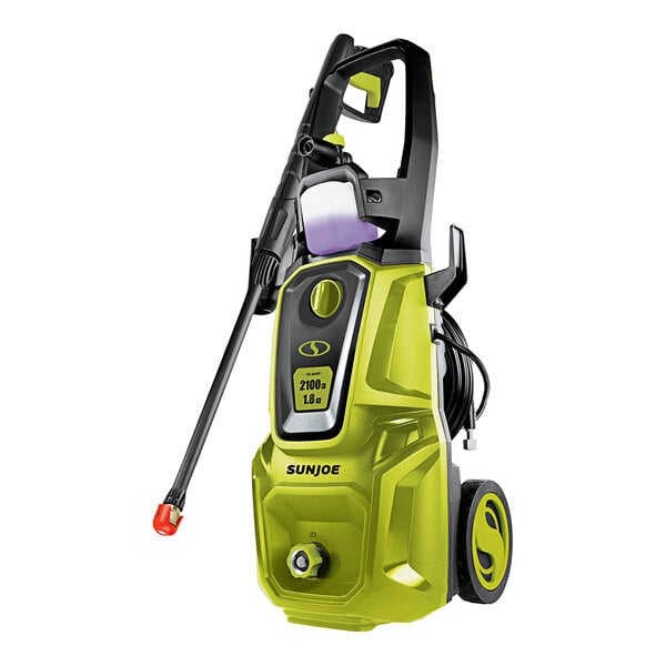A close-up of a green and black Sun Joe pressure washer with a hose.