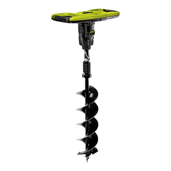 A Sun Joe green and black cordless earth auger drill with a green and black drill bit.