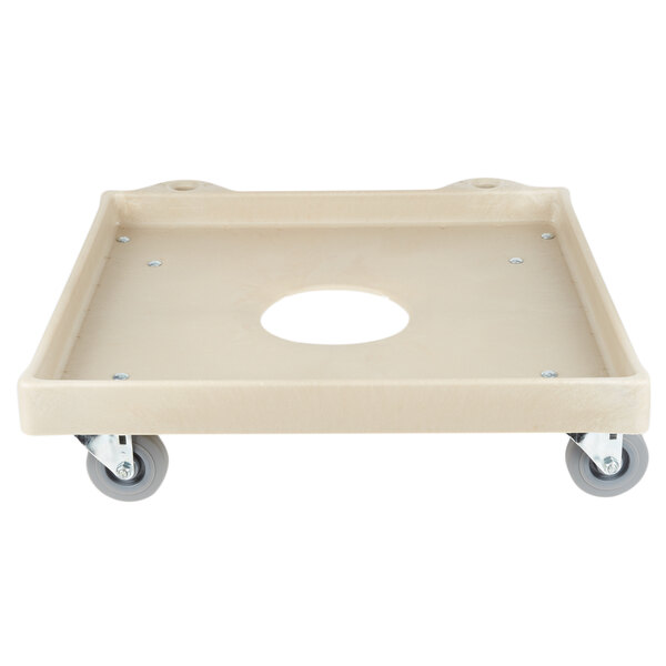 A white plastic dolly base with wheels.