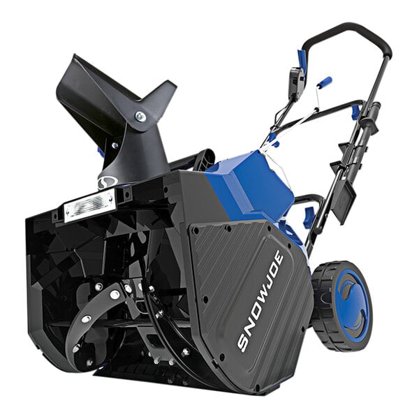 A Snow Joe cordless snow blower with blue wheels and a black handle.