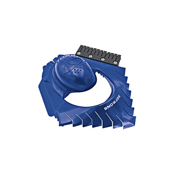 A close up of a blue and black Snow Joe snow cutter with black tips.